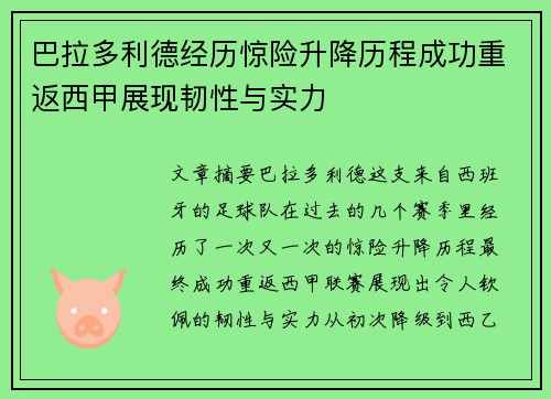 巴拉多利德经历惊险升降历程成功重返西甲展现韧性与实力