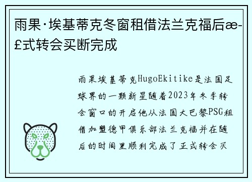 雨果·埃基蒂克冬窗租借法兰克福后正式转会买断完成