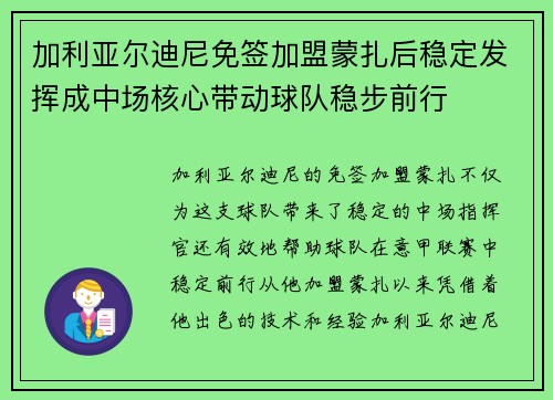 加利亚尔迪尼免签加盟蒙扎后稳定发挥成中场核心带动球队稳步前行